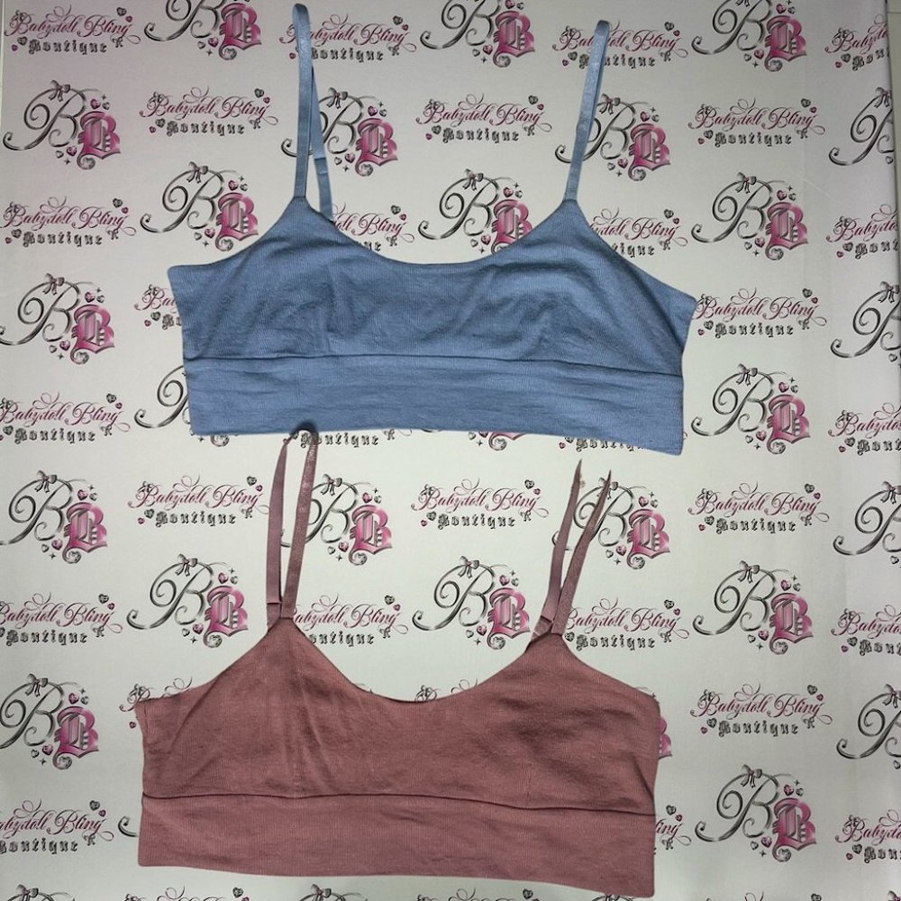 2 sports bras lounge blue and rusty pink shimmer metallic straps super soft - Picture 1 of 4
